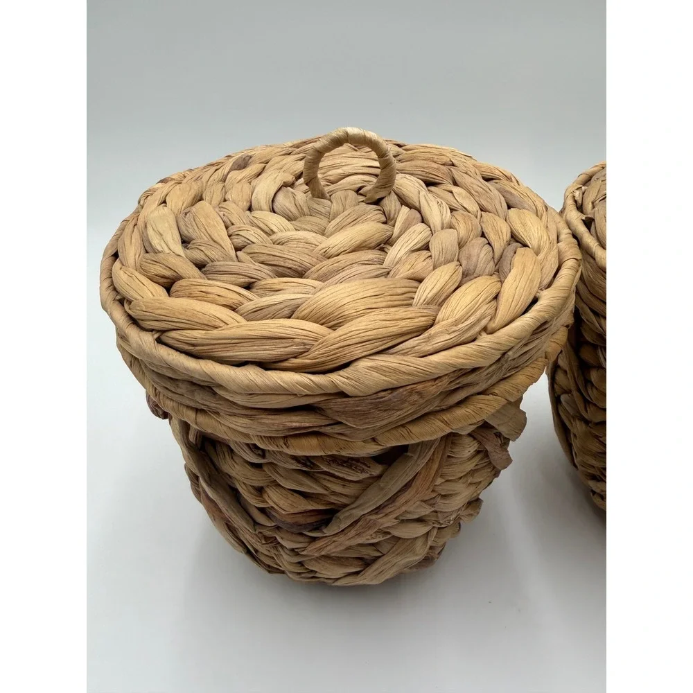 Set of 2 Woven Seagrass Baskets with Lids and Plastic Liners Natural Brown